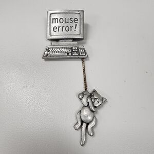 Vintage JJ Jonette "Mouse Error" Cat Computer Novelty Pewter Pin Brooch